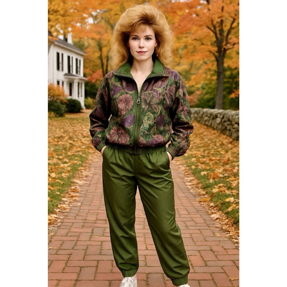 Mureli Vtg. Women's 100% Silk quilted Track Suit Sz S Fall Leaf 80’s Retro ski